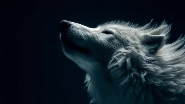 A silver wolf howls toward the dark sky in a silent howl. Concept of primal strength in solitude.