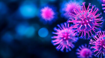 Microscopic view of pink and blue viruses detailed viral structures against a dark background