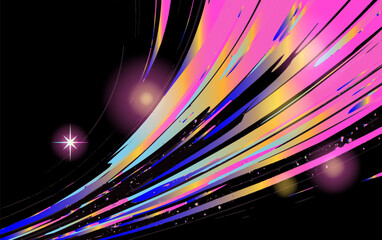 Vibrant abstract illustration in vaporwave style, featuring dynamic, sharp black streaks radiating from a bright pink, yellow, and blue, giving a sense of energetic motion.