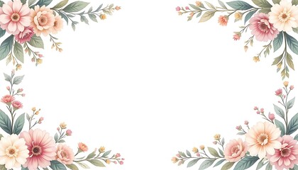 Vintage floral border with soft pastel roses, peonies, and leaves on white background. Perfect for wedding invitations, greeting cards, and elegant designs with space for text in the center.