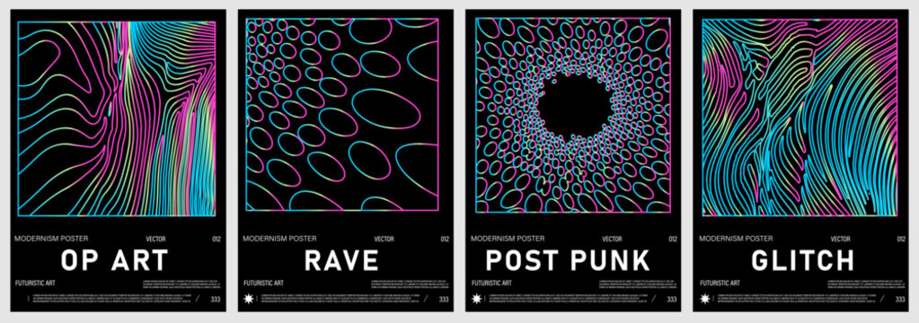 Vector illustration set in trendy futuristic op art style, featuring wavy neon lines, abstract shapes, and ripple effects. Colors include cyan, pink, blue, and purple on black background.