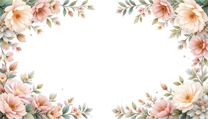 Obraz premium Vintage floral border with soft pastel roses, peonies, and leaves on white background. Perfect for wedding invitations, greeting cards, and elegant designs with space for text in the center.