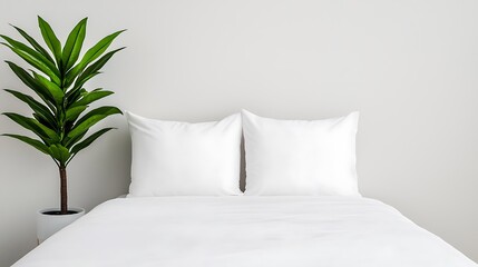 White bedding two pillows and a green plant on a white wall bedroom minimalist