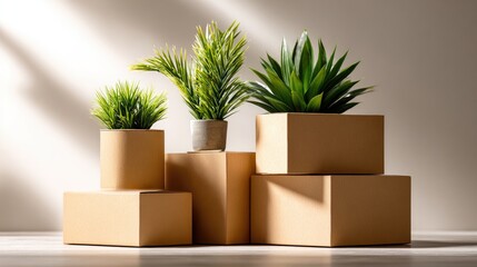 Cardboard boxes with potted plants arranged on risers.