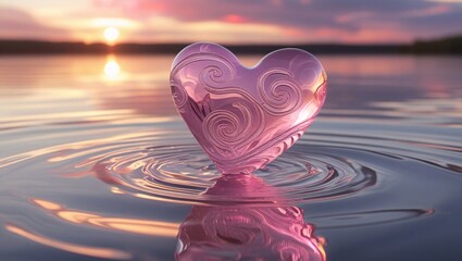 Pink glass heart floating on calm water at sunset
