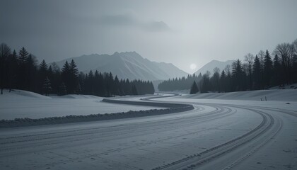 Winding snow-covered road through a winter forest.
