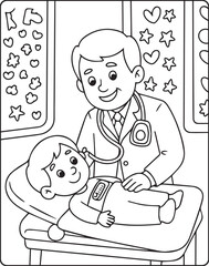 A cute doctor and patient in hospital coloring page for kids, black and white line art vector illustration for medical student coloring book