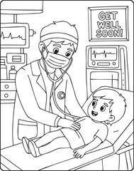 A cute doctor and patient in hospital coloring page for kids, black and white line art vector illustration for medical student coloring book