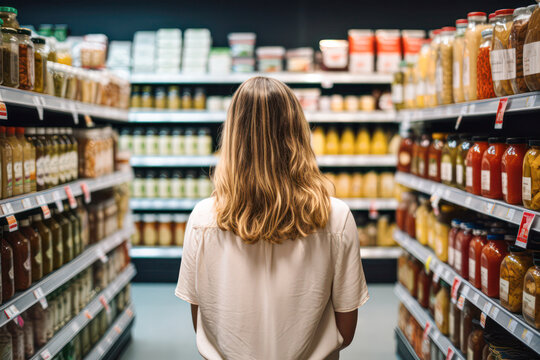 A woman with blonde hair stands in a grocery aisle, facing shelves stocked with various sauces, condiments, and jars. - Powered by Adobe