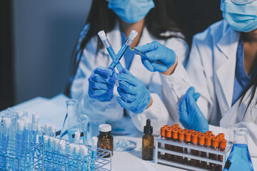 Research, experiment and medical trial being done by a scientist in a lab, science facility or...