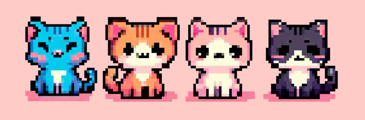 Vector Illustration of colorful pixel art kittens on a pastel pink background, in trendy kawaii-pixel style. Blue, orange, pink, and black shades, blocky square shapes, playful and bright look.