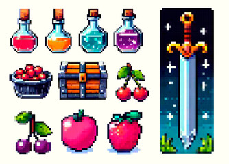 Colorful pixel art items—potions, fruit, treasure chest, sword—on light background, in popular retro-gaming pixel style. Vector illustration in bright red, blue, green, yellow, and pink colors.