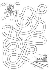 Maze activity sheet for children. Cute maze for kids. Kids labyrinth puzzle. Black and white maze puzzle game for children with pilot illustration.