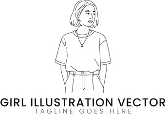 Stylish Girl Minimalist Line Art Vector Illustration Fashion Design Graphic hair logo icon cute     