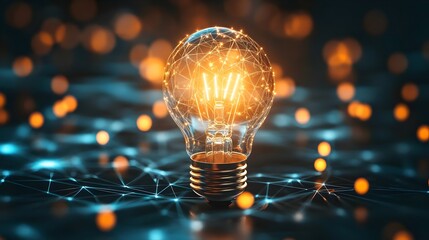 Minimalist light bulb with digital network and hardware inside. Concept: Symbol of innovation, interconnected systems, smart tech,tech branding and connected systems.