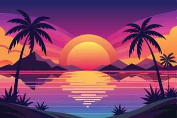 Obraz premium Vibrant tropical sunset landscape with palm trees and mountains
