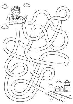 Maze activity sheet for children. Cute maze for kids. Kids labyrinth puzzle. Black and white maze puzzle game for children with pilot illustration.