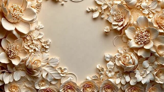 Elegant Beige Floral 3D Art: Intricate  Sculptural Flower Arrangement