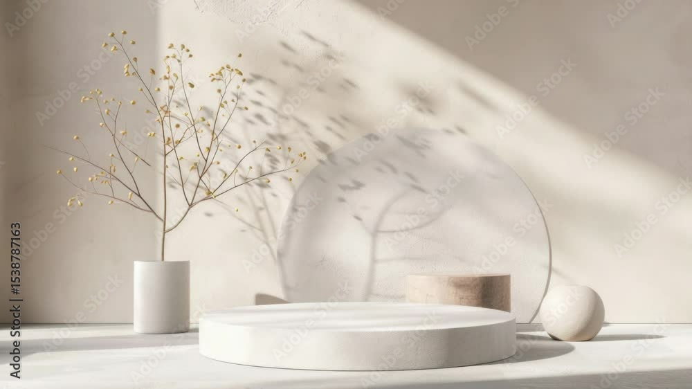 Poster a minimalist white table setup with two vases and a plant