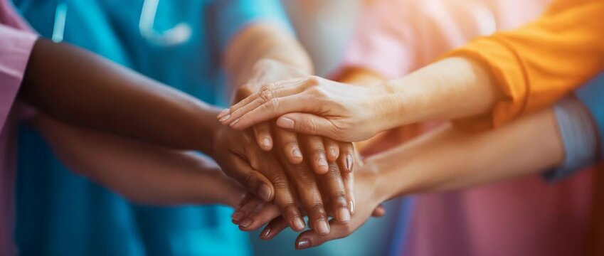 Diverse Medical Team Hands Stacked Showing Unity and Collaboration in Healthcare