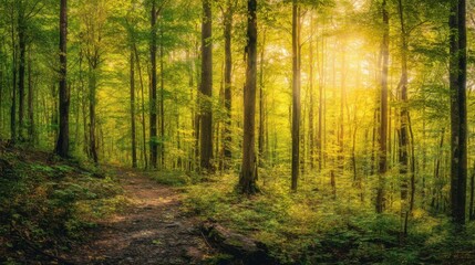 Fototapeta premium Tranquil forest path bathed in warm golden sunlight, surrounded by tall lush green trees, dappled light patterns on the ground, dense undergrowth, serene natural haven.