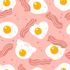 Roasted bacon slices and eggs seamless pattern. Food background for any purposes. Hand drawn vector illustration.