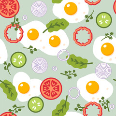 Balanced breakfast seamless pattern with fried eggs, cucumber, tomato and onion slices. Perfect print for paper, fabric, textile. Hand drawn vector illustration.