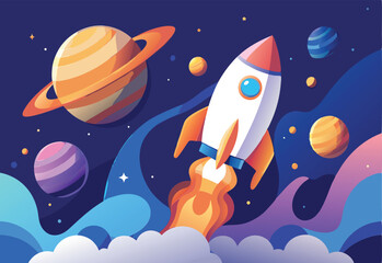 Naklejka premium Stylized rocket launching through vibrant space scene