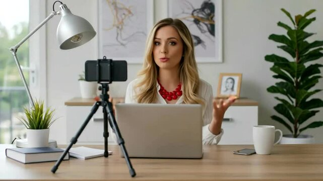 Woman presenting online in a modern workspace with plants and artwork in the background - Powered by Adobe