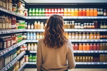 A woman with curly hair stands in a grocery store aisle, looking at a variety of colorful bottled beverages arranged on shelves.