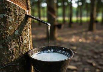 Natural Latex Harvesting Process from a Hevea Brasiliensis Tree – Ideal for Concepts of Raw Materials, Rubber Production, and Forestry.
