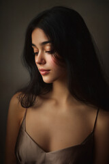 Naklejka premium Portrait of a serene woman with dark hair, gazing down with a contemplative and thoughtful expression.