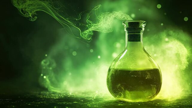 A bottle of potion swirling with glowing light with a green screen background  
