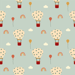 Hot air balloon cartoon so cute. On rainbow cloud balloon background. Pattern seamless vector illustration. 