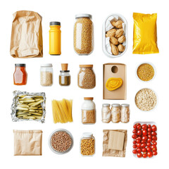 Assorted pantry ingredients including grains, nuts, and sauces arranged neatly for meal preparation and cooking inspiration on transparent background