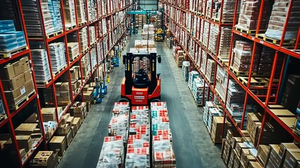 Aerial view of a busy warehouse with a forklift navigating through stacked pallets of goods - Powered by Adobe