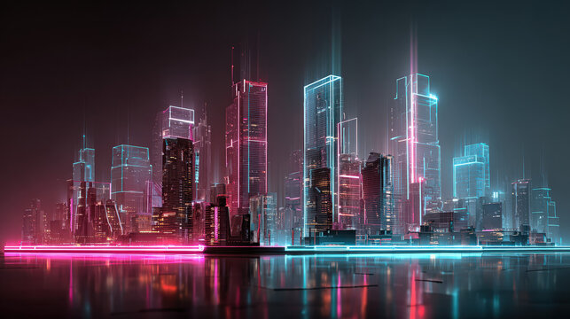 High-tech skyline glowing with vibrant neon lights in orange, blue, and purple, mirrored over a calm surface, evoking cyberpunk and innovation.
