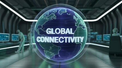 Global Connectivity: An image promoting worldwide links and digital exchange, focusing on a futuristic data center or control room setting with globe and related technology - Powered by Adobe