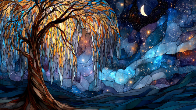 Stained glass artwork of a willow tree under a starry night sky. Suitable for interior design, crafts, and nature themed projects.