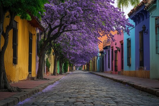 Colorful street lined with blooming jacaranda trees