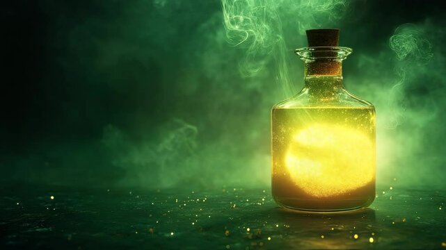 A bottle of potion swirling with glowing light with a green screen background  