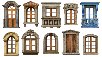 Ten ornate arched windows, varying designs & colors