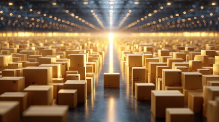 Cardboard boxes fill a warehouse aisle.