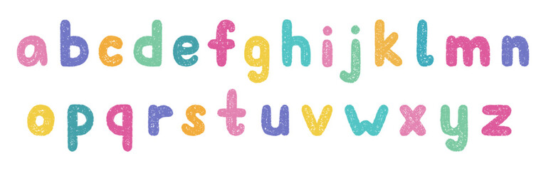 Naklejka premium Crayon alphabet doodle set. Chalk pencil font, school wax kid letters in sketch style. Hand drawn vector illustration isolated on white background.