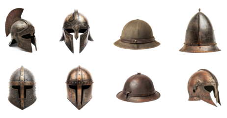 Collection of gladiator-style helmet with a distinct crest, decorative side plates, and a curved faceplate. isolate on transparent background