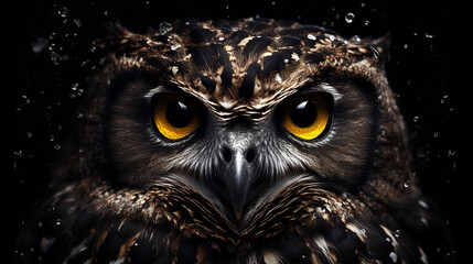 A close-up shot of an owl with striking orange eyes, its textured feathers visible against a dark, rain-speckled background, conveying an intense gaze.