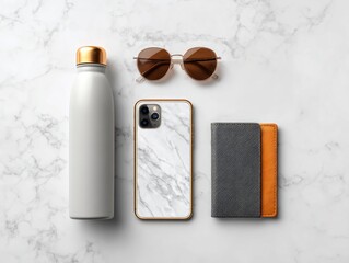 Flat lay of a water bottle, sunglasses, phone case, and wallet on a marble surface.