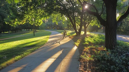 Obraz premium A shadow of a bicycle on a sidewalk with sunlight filtering through trees. 