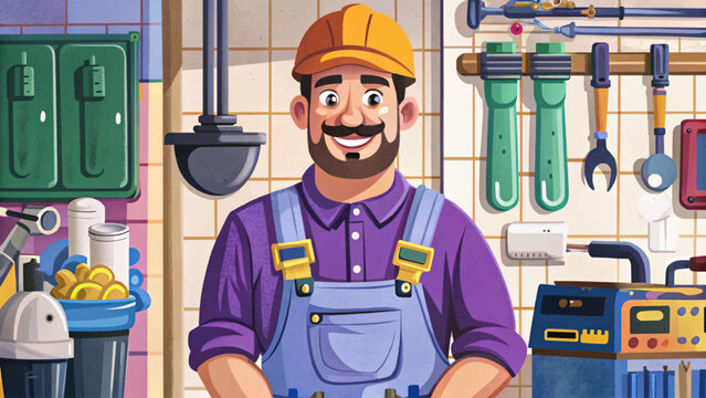 plumber with cheerful expression wearing uniform , standing confidently, ready to fix household issues concept of professional repair services