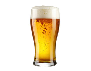 A pint glass filled with golden beer topped with a thick, frothy white head.
